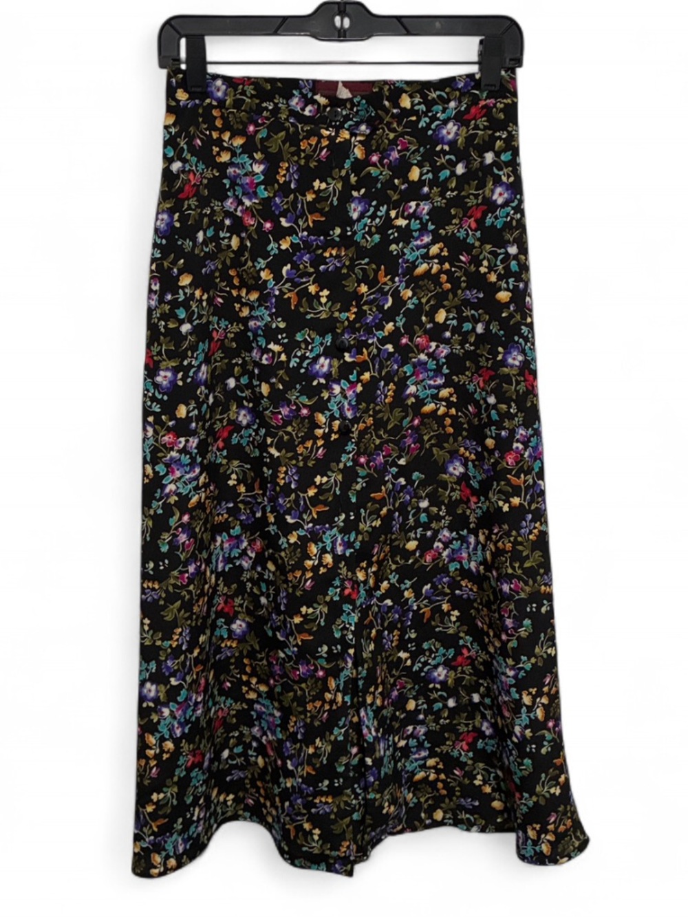 Vintage Lauren Woods Black Floral Button Down Midi Skirt